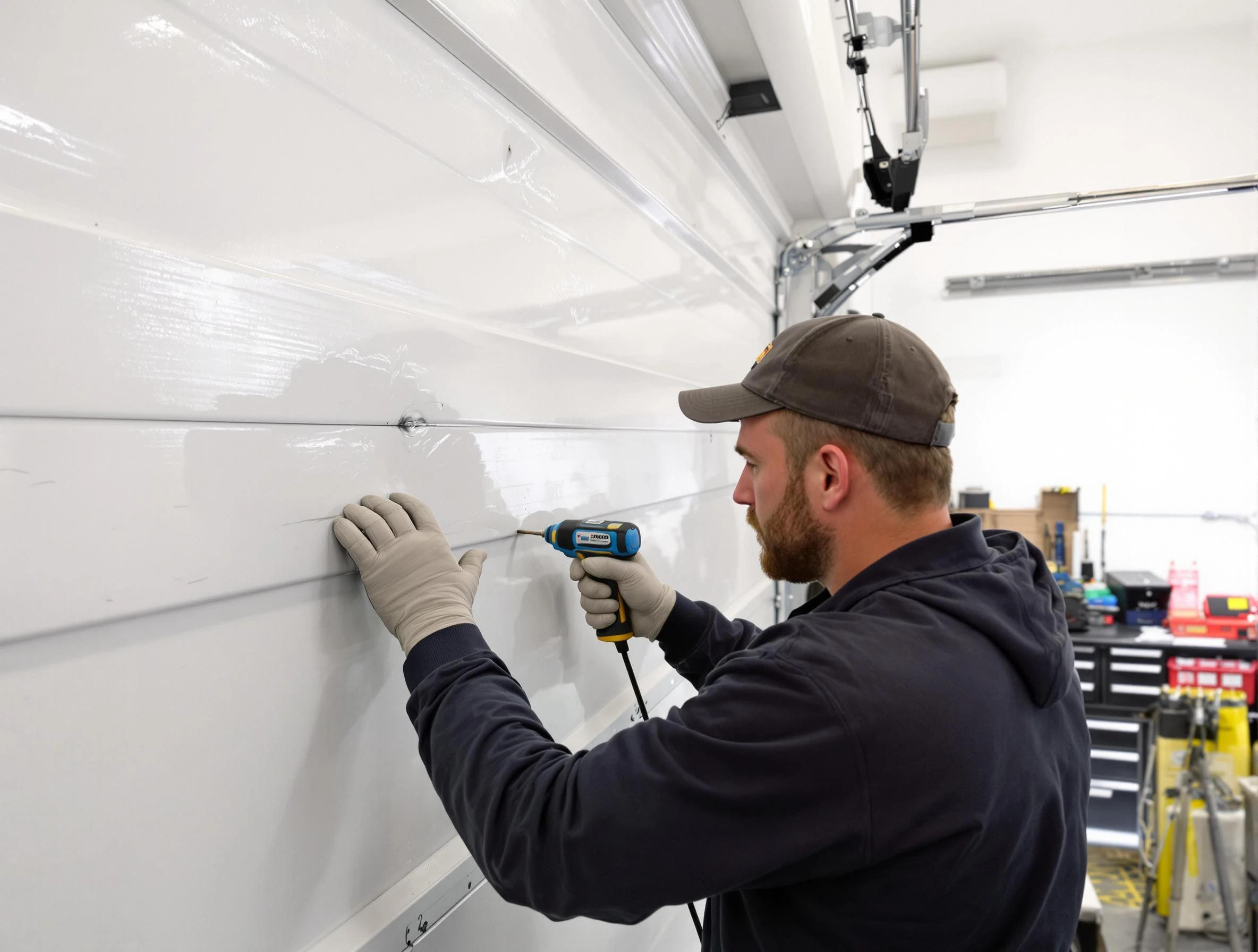 Glenshaw Garage Door Repair technician demonstrating precision dent removal techniques on a Glenshaw garage door